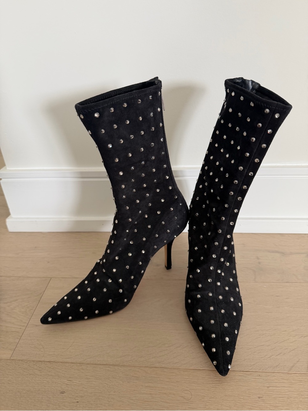 Paris Texas Black Studded Pointed Toe Mid-Calf Stiletto Boots